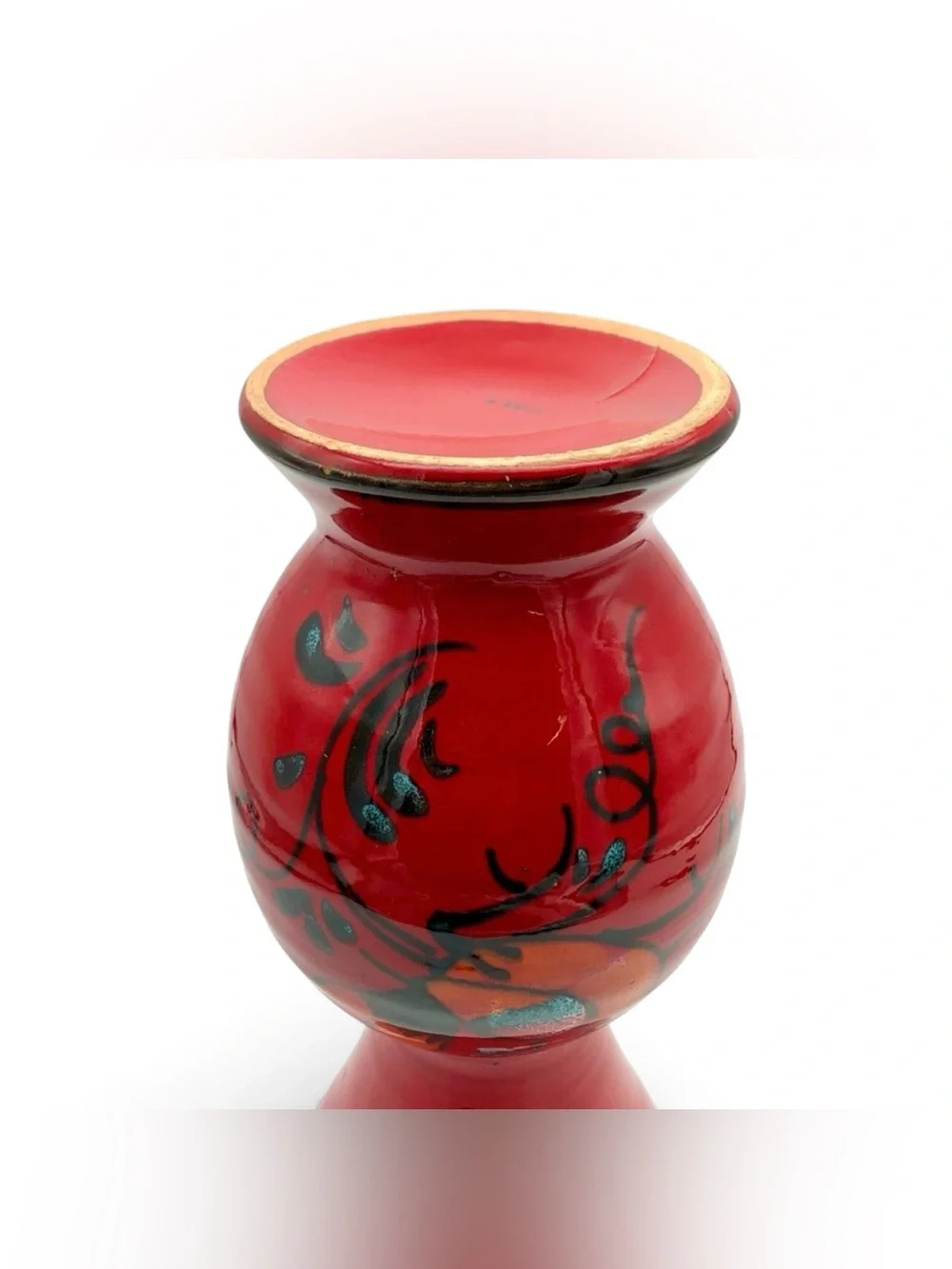 Art Pottery Italian Bellini Raymor Design Red Teal Bird Reflective Glaze MCM 60s